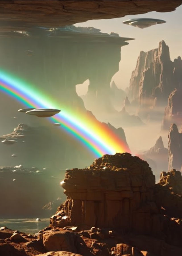 Sci-fi landscape with UFOs emitting rainbow beam in rocky plateaus