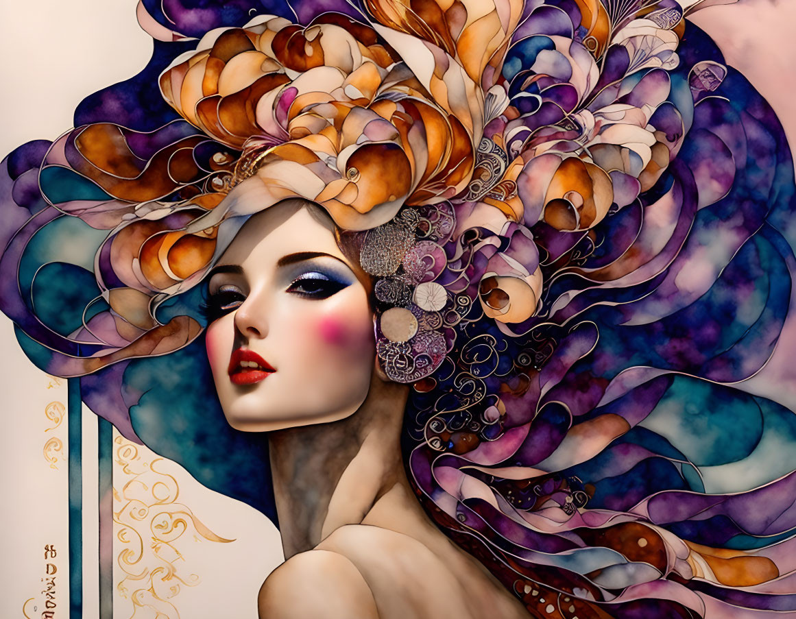 Colorful Woman Illustration with Elaborate Floral Headdress