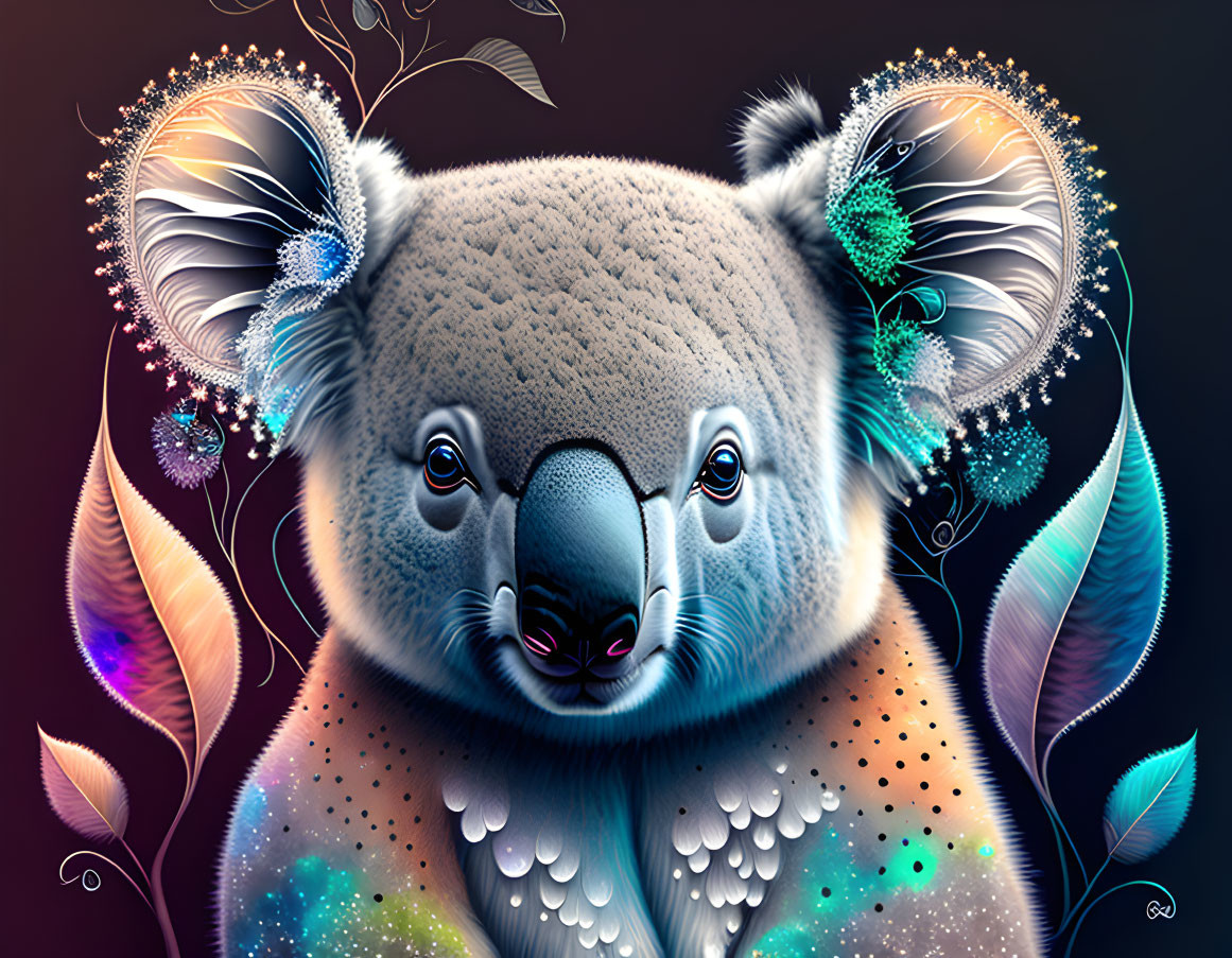 Colorful Koala Artwork with Glossy Fur and Floral Patterns