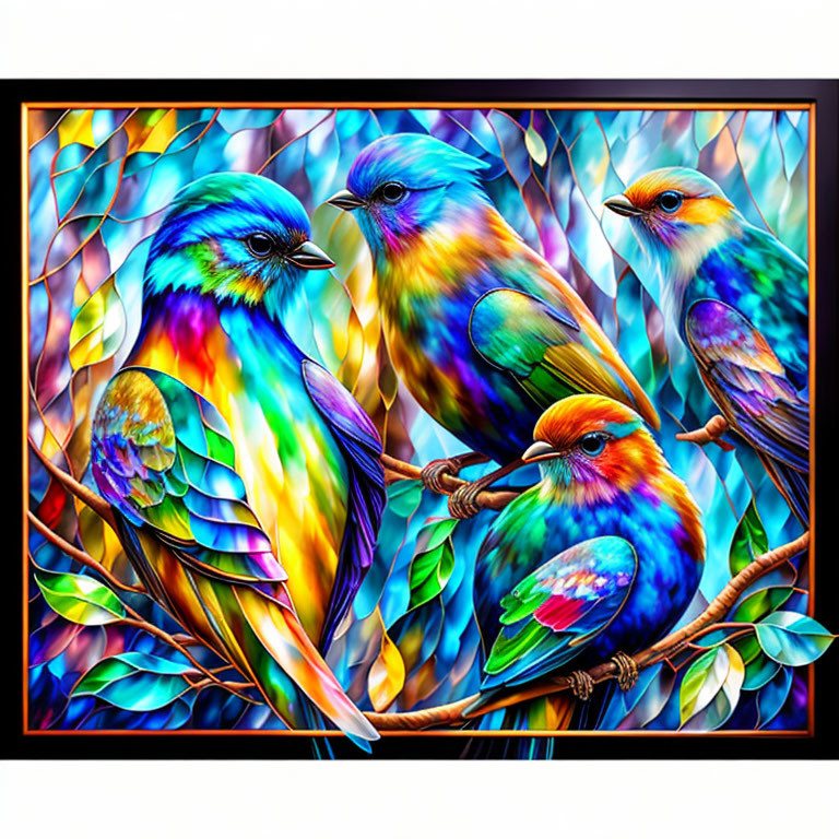 Colorful Birds Perched on Branches with Vibrant Background