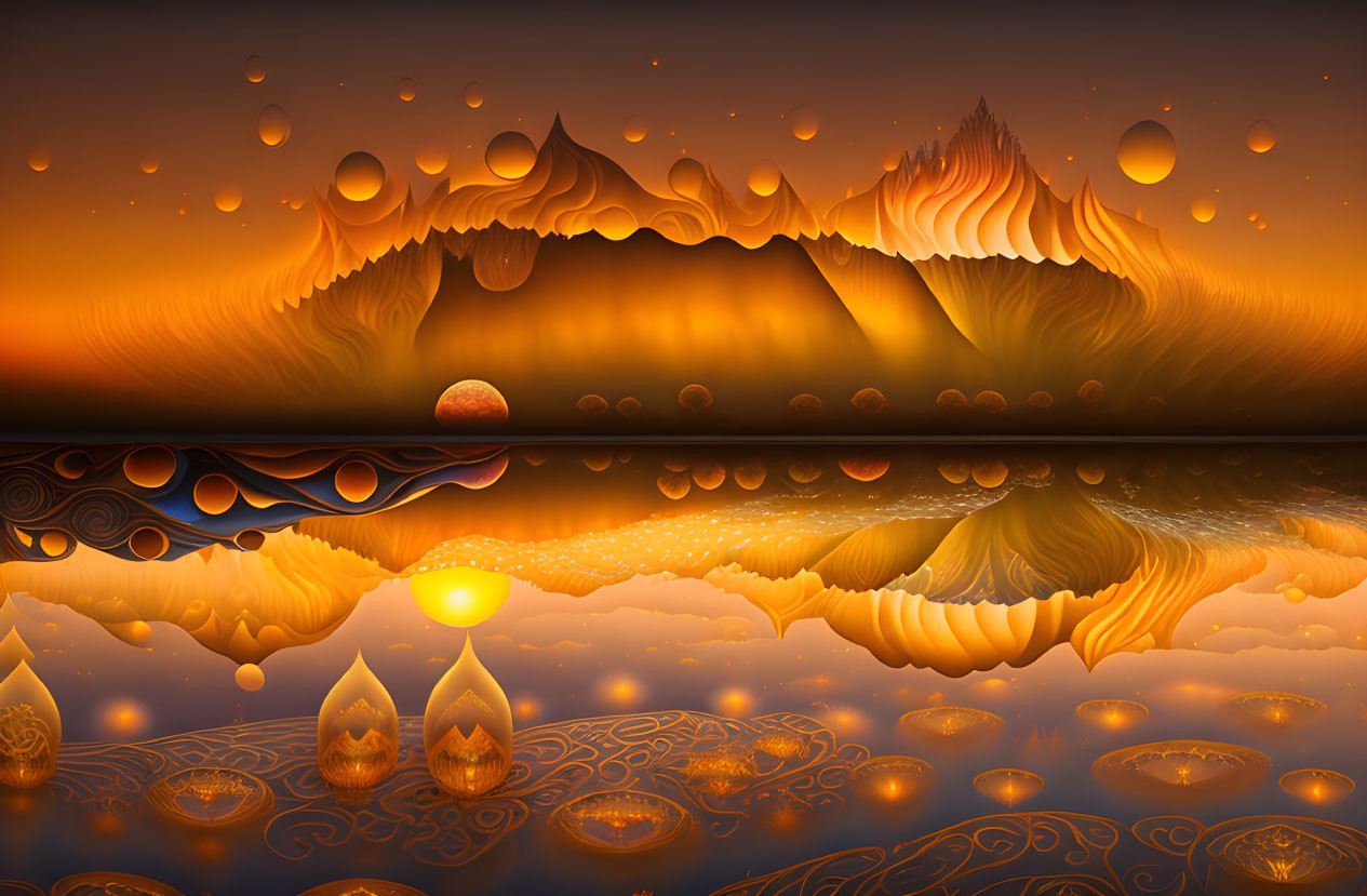 Orange-hued mountains reflected in water with bubbles and decorative elements against a dusk sky