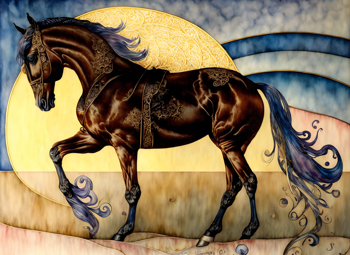 Stylized dark horse with golden tack and blue mane on golden crescent backdrop