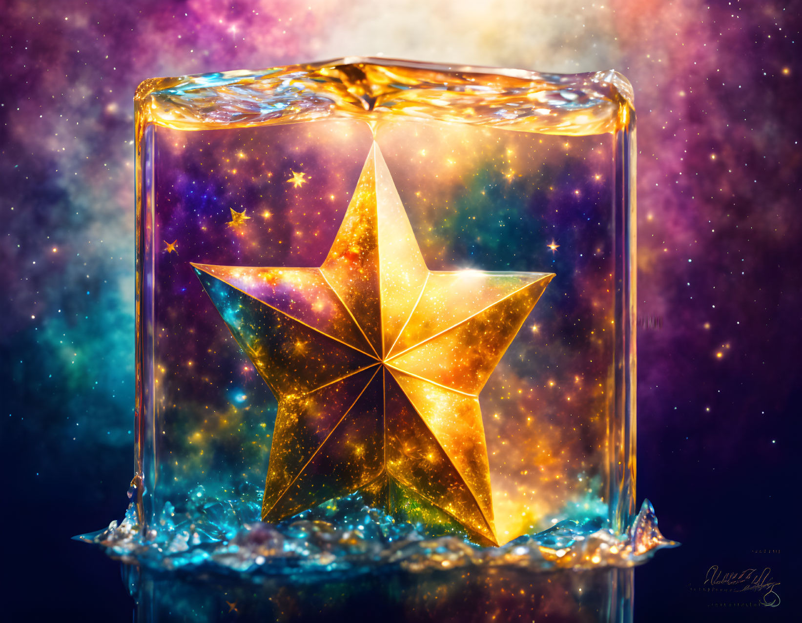 Golden star in translucent cube on cosmic background