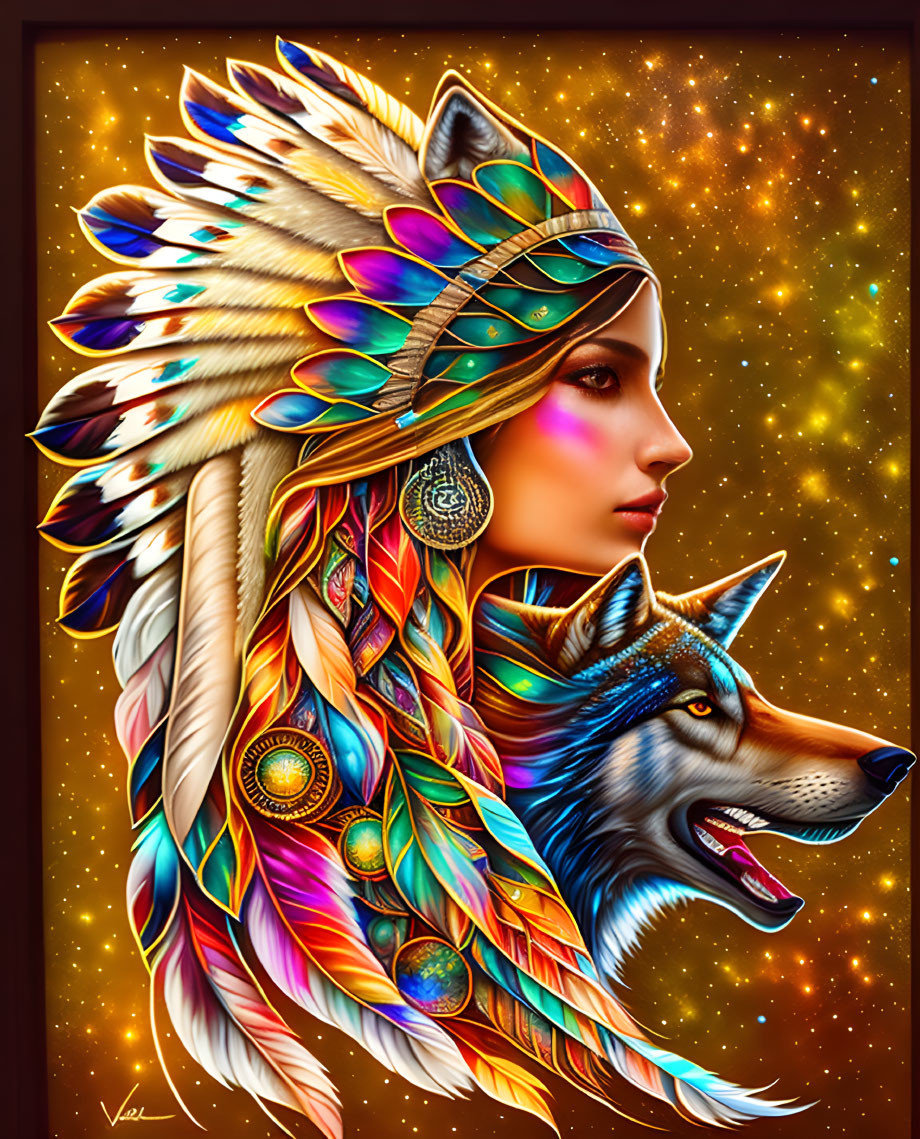 Woman in profile with feather headdress next to colorful wolf on starry background