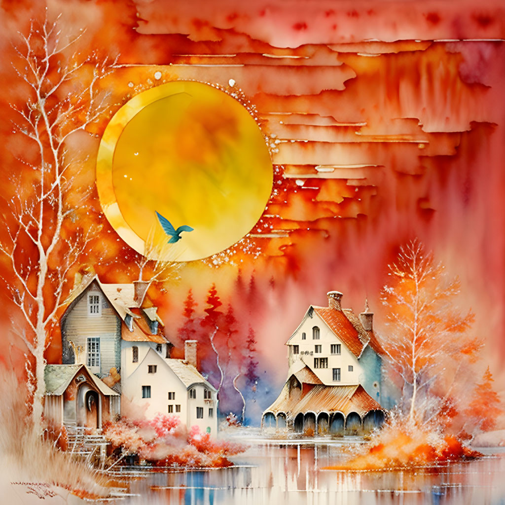 Whimsical autumnal watercolor painting with yellow moon, bird, and cozy houses