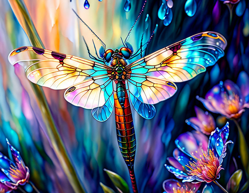 Colorful Dragonfly Digital Illustration with Rainbow Wings on Vegetation