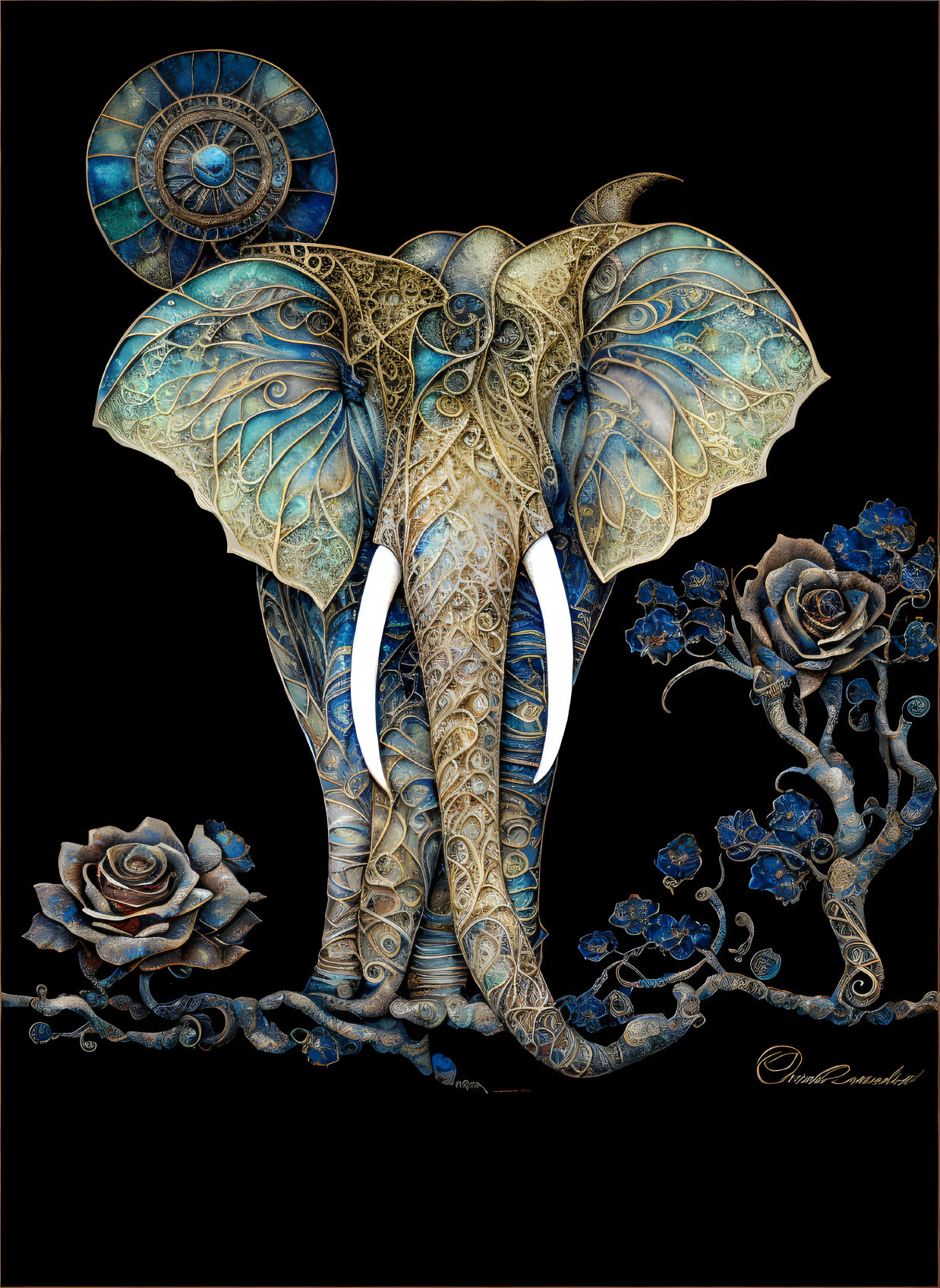 Intricate golden patterns on ornate elephant with butterfly ears and white tusks among blue roses on