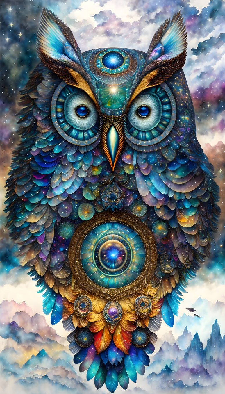 Colorful Owl Artwork with Cosmic Elements