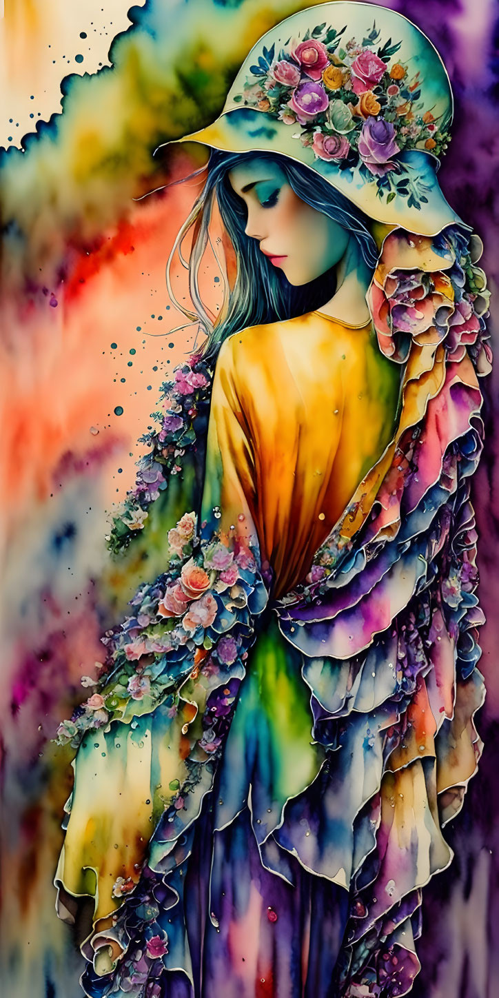 Colorful illustration of a flower-adorned woman in flowing dress against abstract backdrop