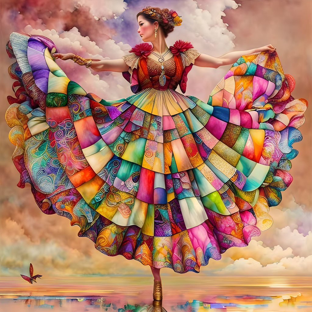 Colorful Patchwork Dress Twirling Woman Against Pastel Sky