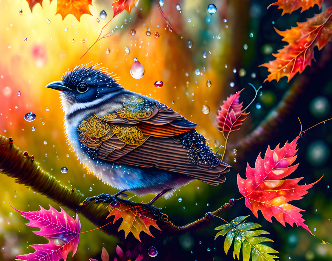 Colorful bird illustration on branch with autumn leaves and water droplets