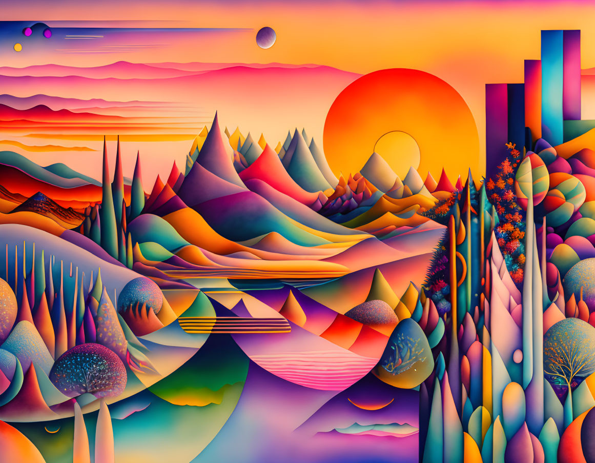 Colorful surrealist landscape with rolling hills and geometric shapes under a multicolored sky.