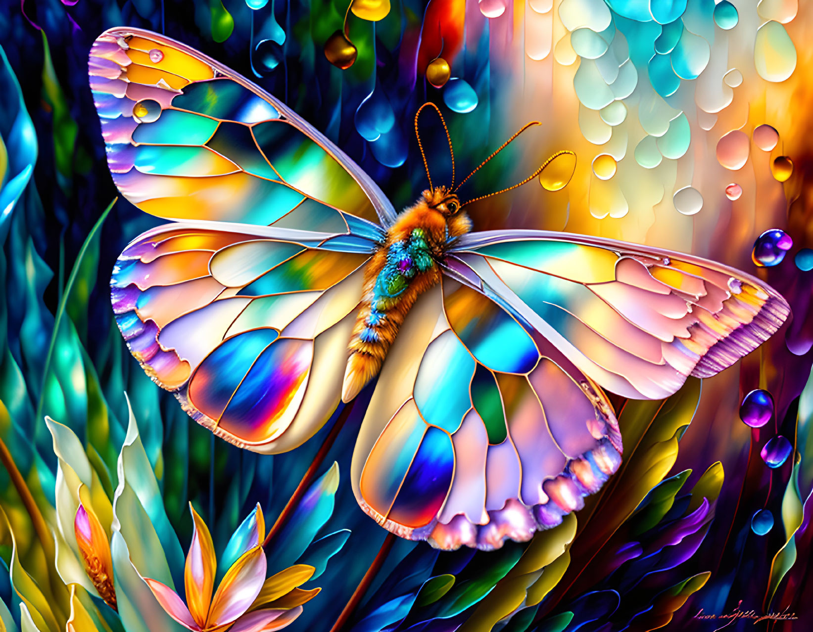 Colorful Butterfly Artwork with Translucent Wings and Floral Background