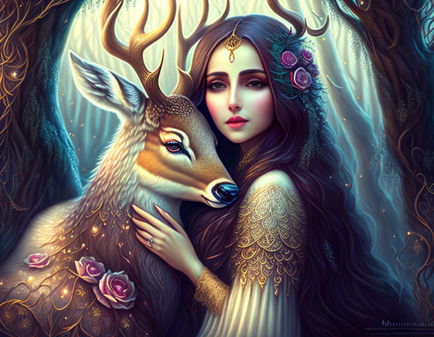 Woman adorned with deer in mystical forest setting