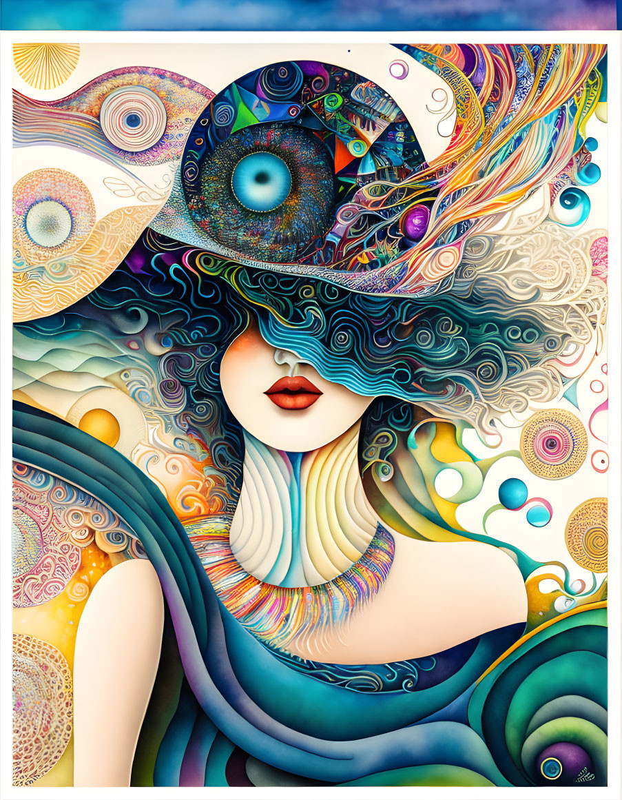 Colorful surreal portrait of a woman with flowing hair and abstract patterns