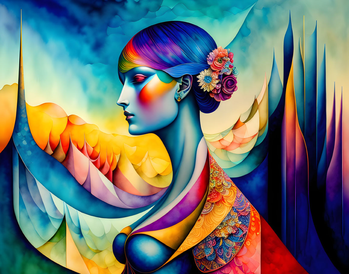 Colorful digital art: Female figure with wings and flowers on abstract background