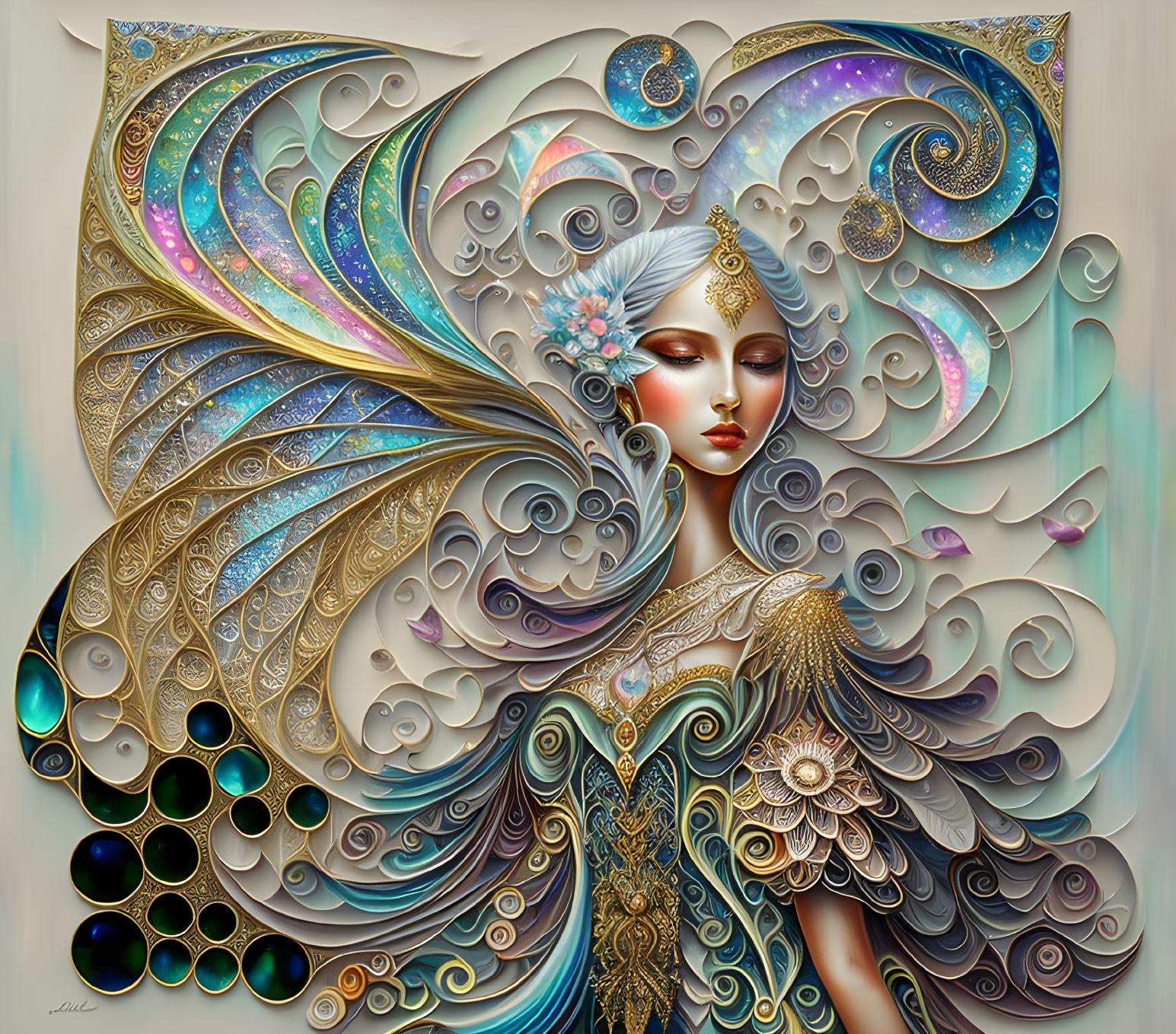 Elaborate Woman with Stylized Wings & Cosmic Details