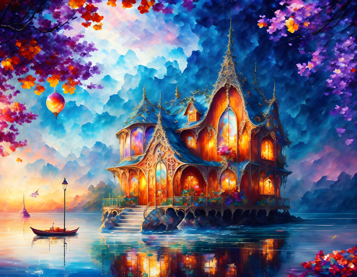 Colorful trees surround fantasy castle on island at sunset with hot air balloon and boat.