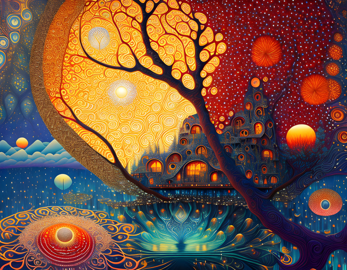 Colorful surreal artwork: tree-shaped building, starry sky, hot air balloons.