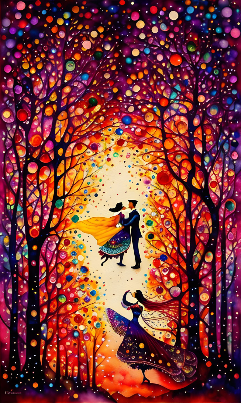 Colorful painting of couple dancing in whimsical forest with swirling patterns and glowing orbs.