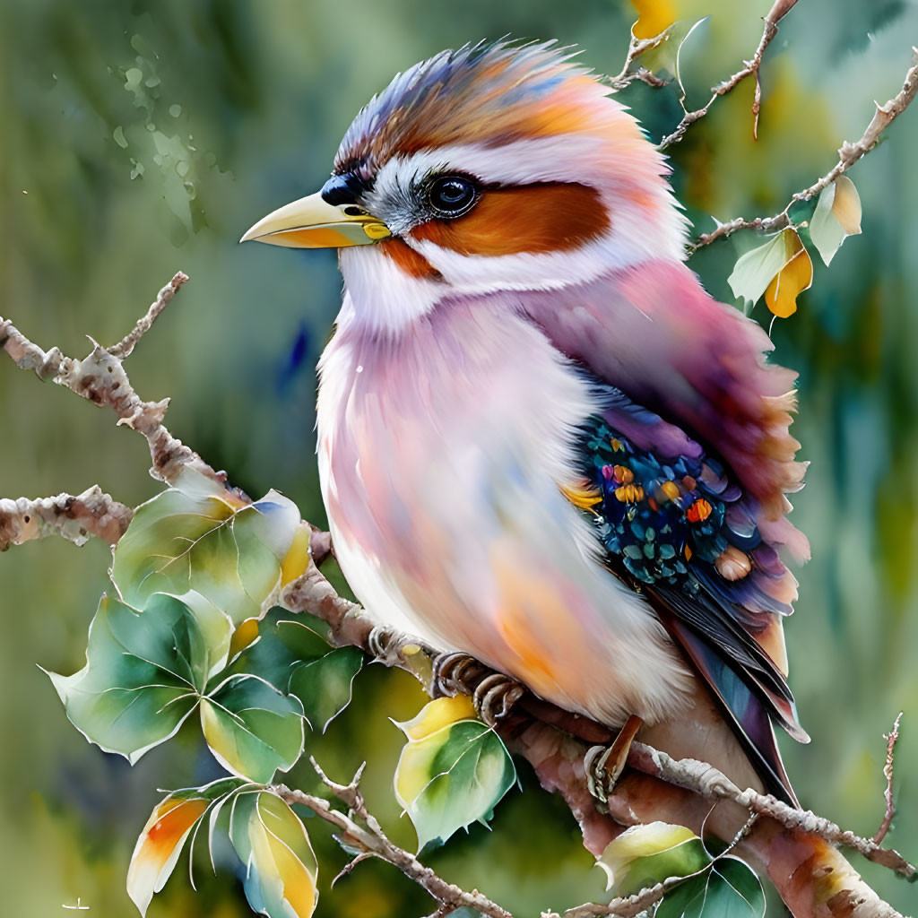 Vibrant bird with colorful plumage on branch with green leaves in blurred background