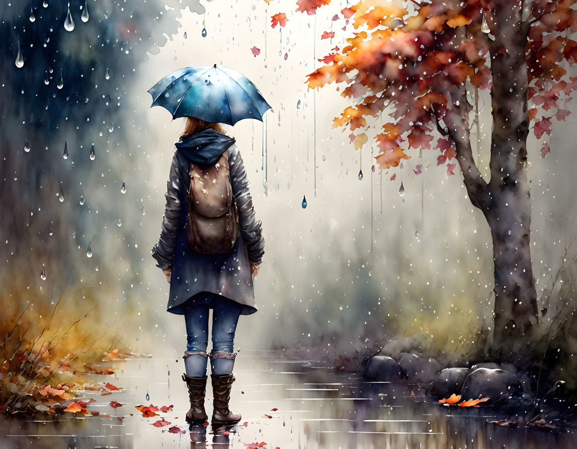 Blue umbrella person walking in autumn rain among falling leaves