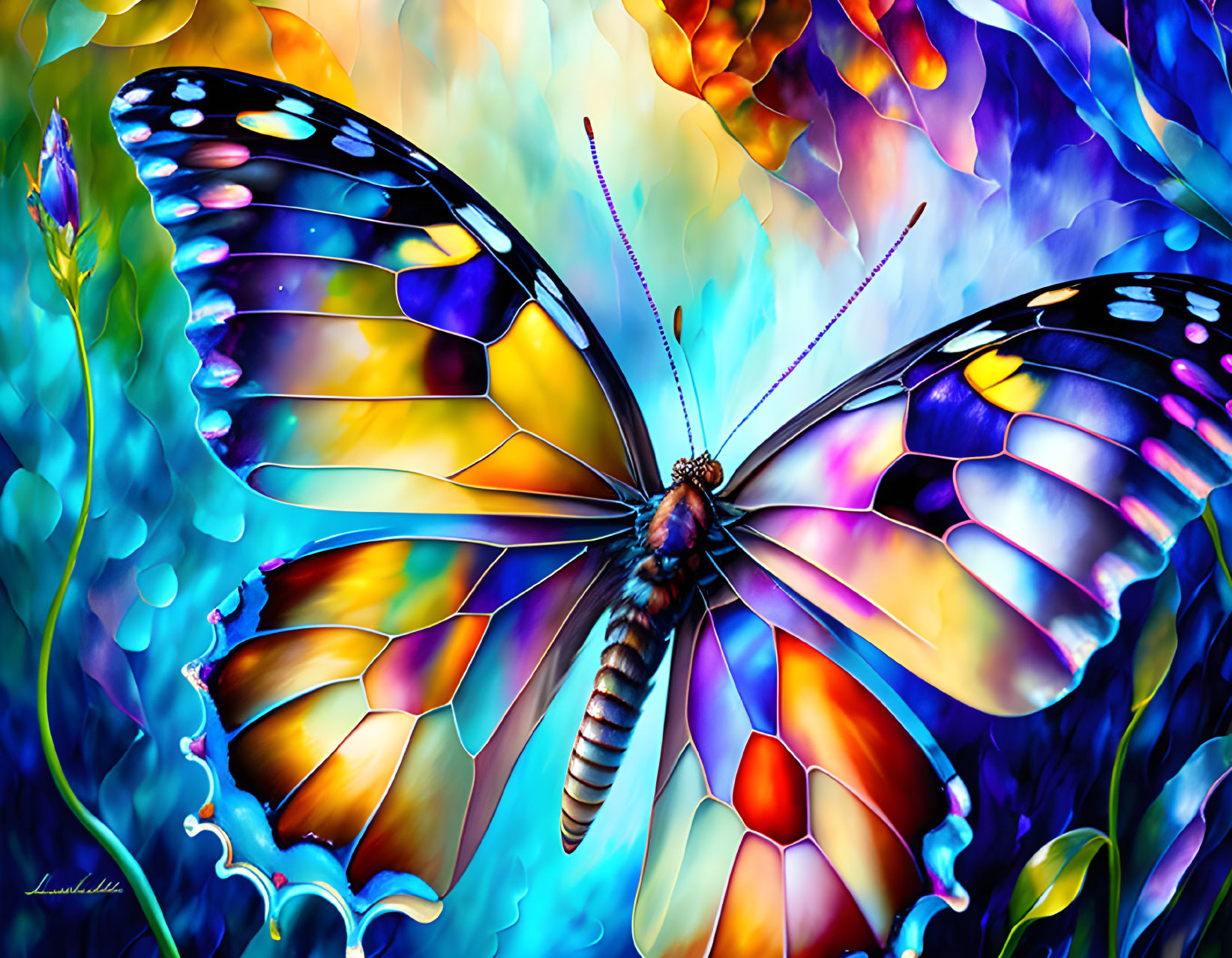 Colorful Butterfly Digital Artwork with Blue, Yellow, and Orange Wings