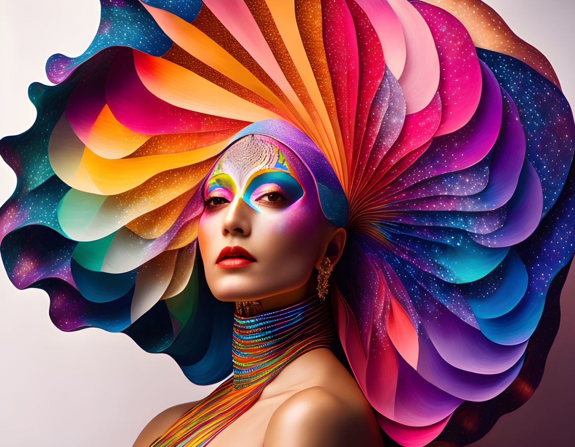 Colorful Abstract Makeup and Cosmic Hair Design on Woman