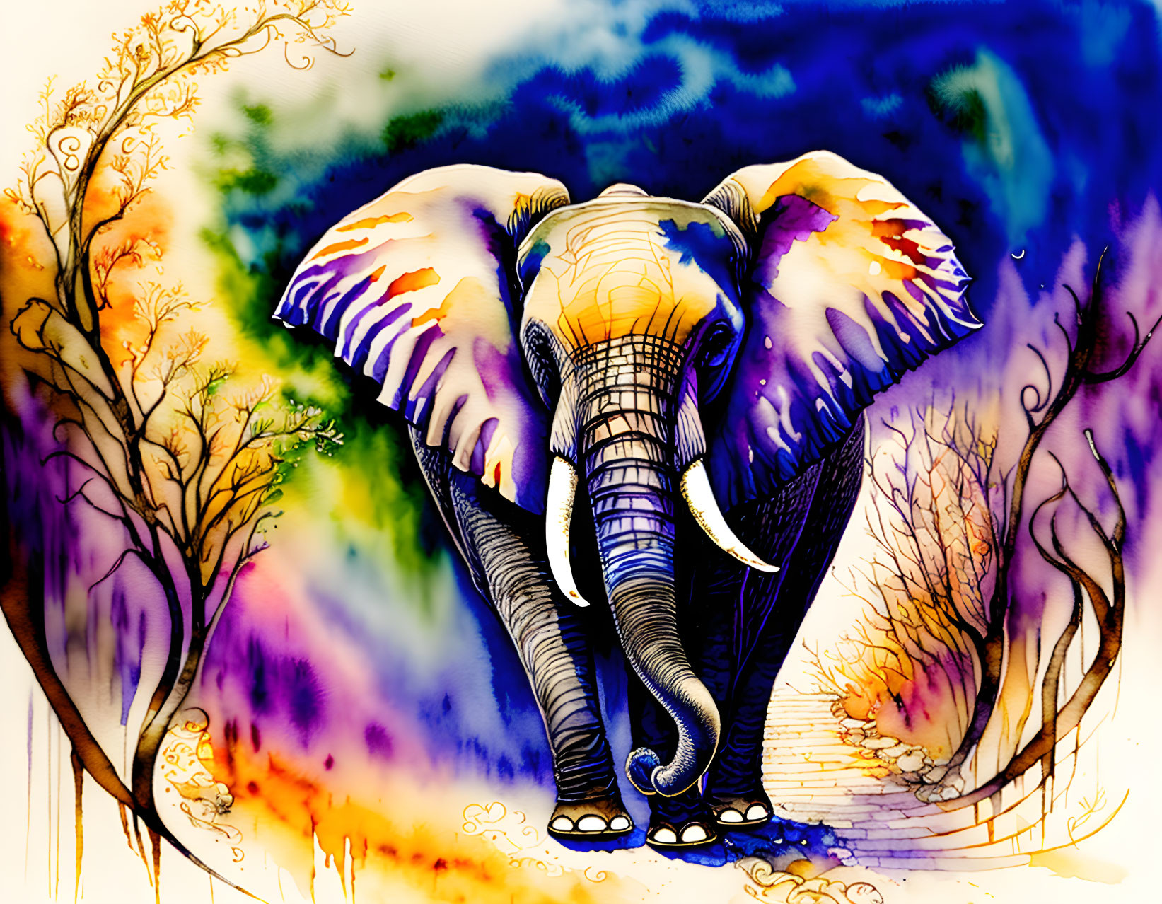 Colorful Elephant with Butterfly Wings in Abstract Background