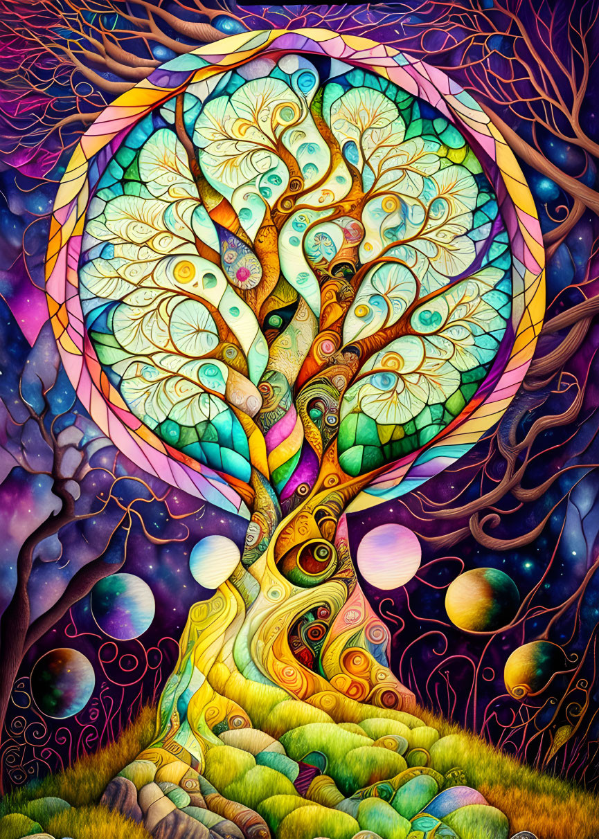 Colorful Psychedelic Tree Illustration in Cosmic Setting