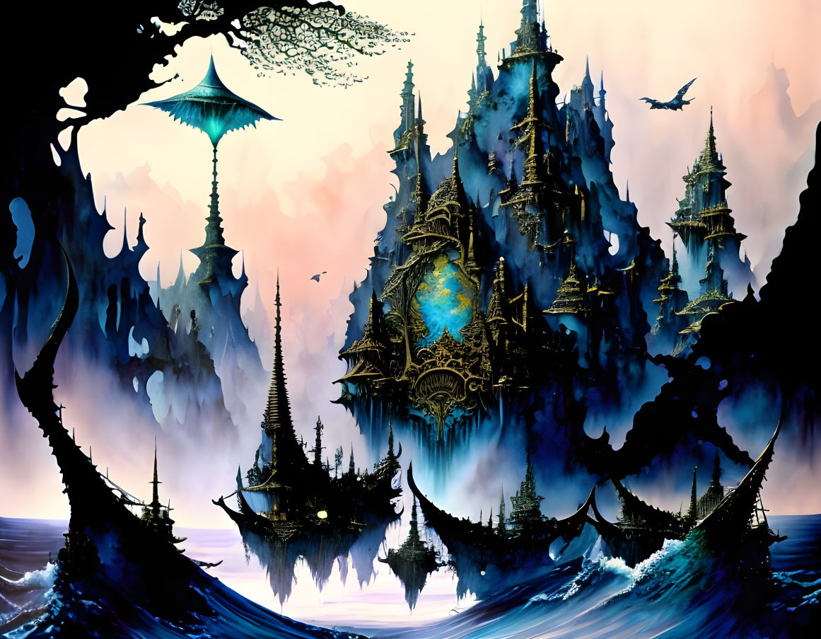 Fantasy landscape with Gothic castles, flying creatures, ships, and surreal sky