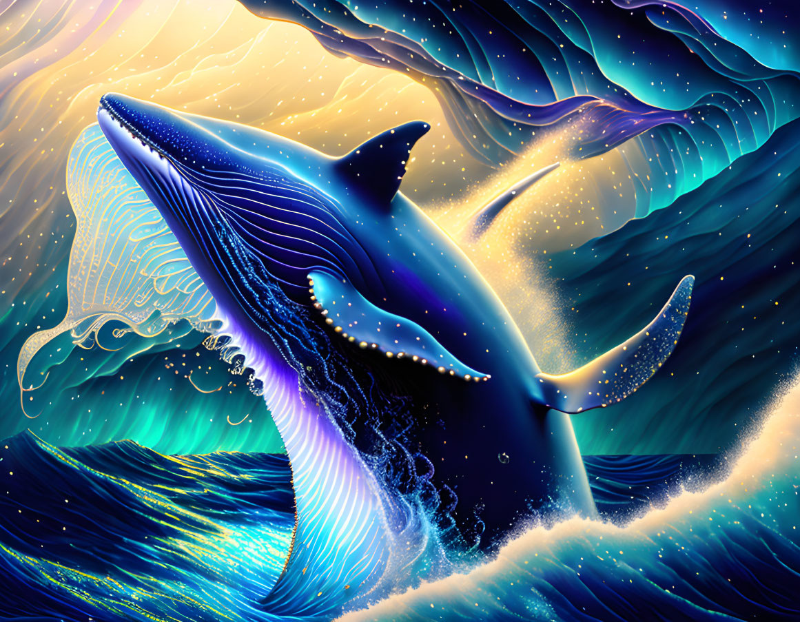 Stylized whales leaping in sparkling ocean under star-filled sky