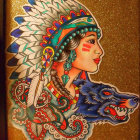 Woman in profile with feather headdress next to colorful wolf on starry background