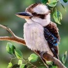 Vibrant bird with colorful plumage on branch with green leaves in blurred background