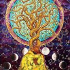 Colorful Psychedelic Tree Illustration in Cosmic Setting