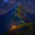 Digital artwork: Vibrant neon mountains under starry sky