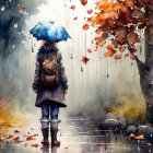 Blue umbrella person walking in autumn rain among falling leaves