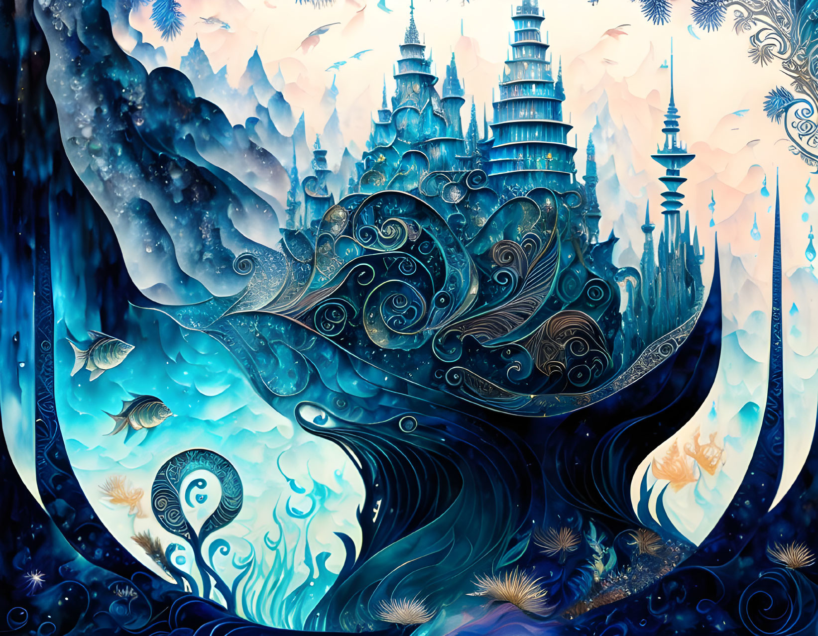 Ornate undersea castle in vibrant, fantastical image