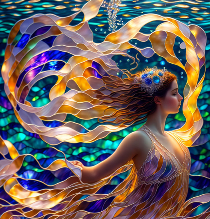 Illustration of woman with flowing hair merging with vibrant, swirling patterns