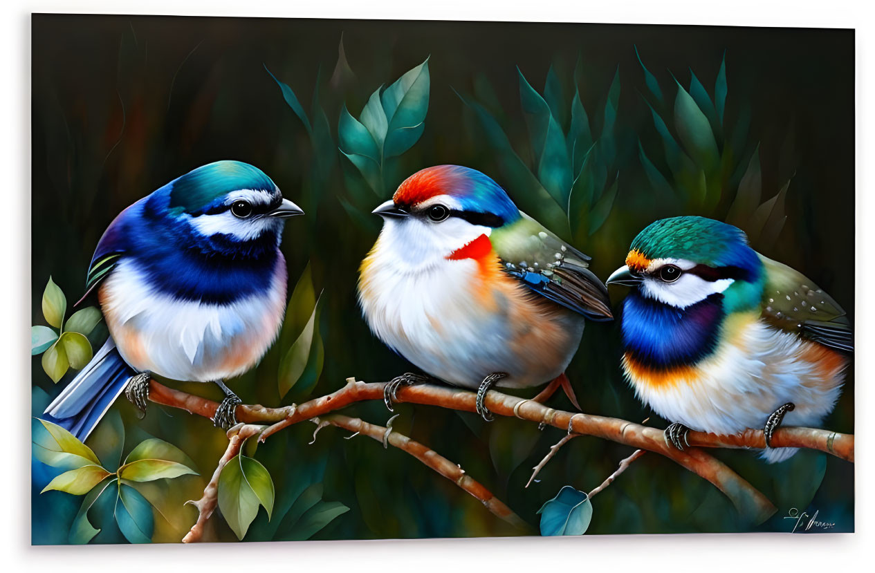 Colorful Birds Perched on Branch Against Leafy Background