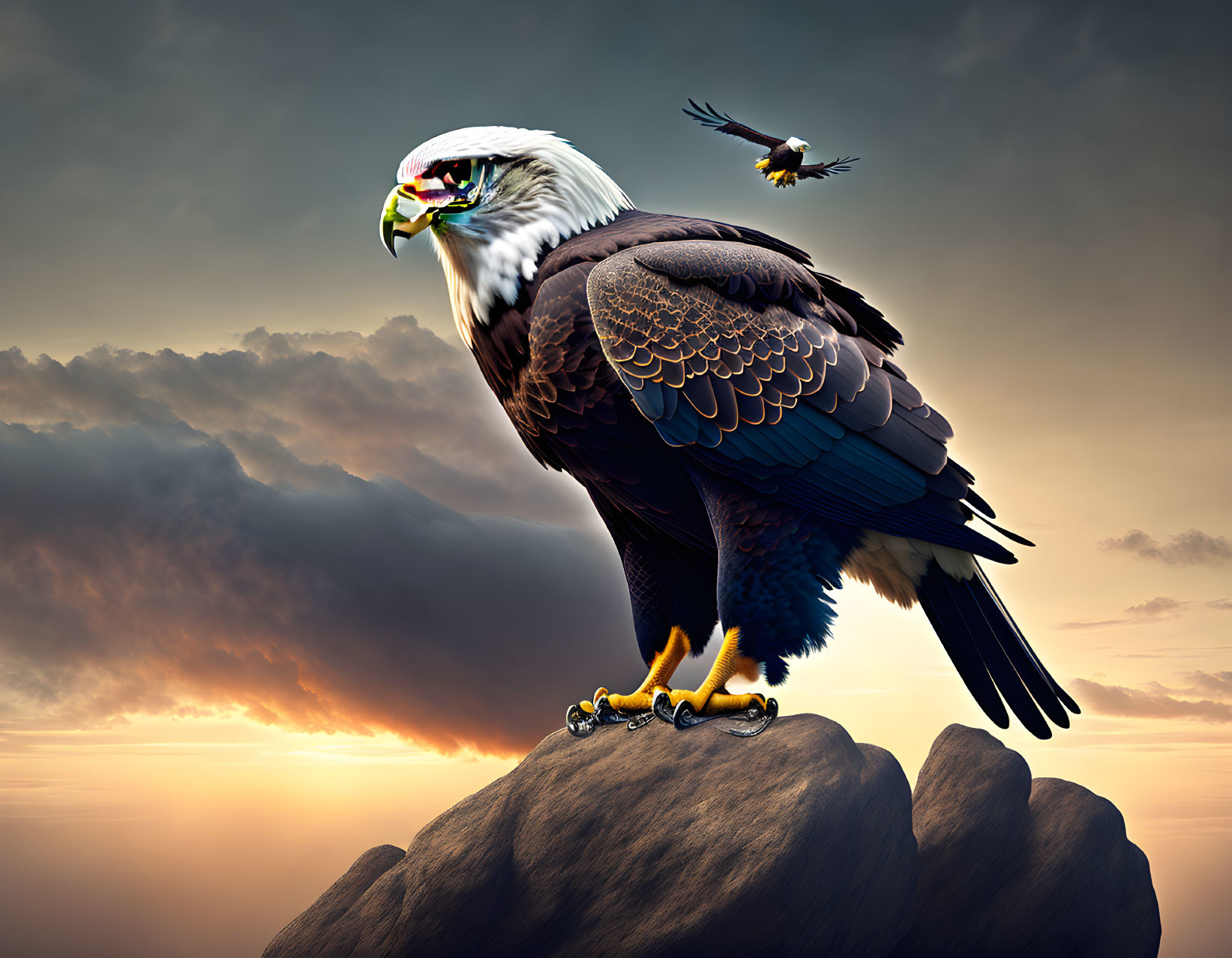 Majestic eagle perched on rock under dramatic sunset sky