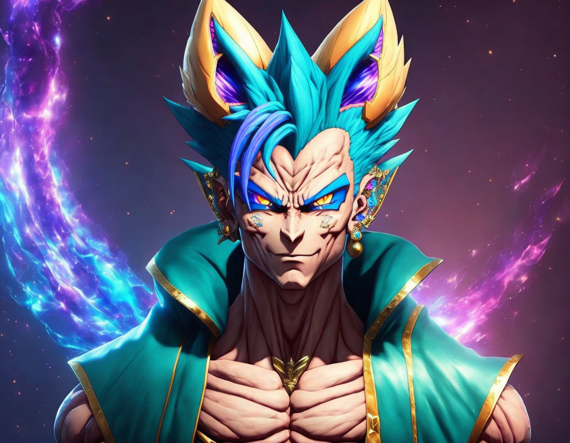 Blue Spiky-Haired Animated Character in Cosmic Setting