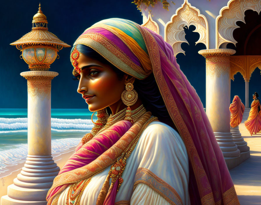 Detailed digital painting: Woman in traditional Indian attire by the sea with ornate jewelry and colorful headscar