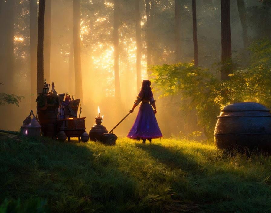 Person in purple cloak in forest with cart and cauldron.