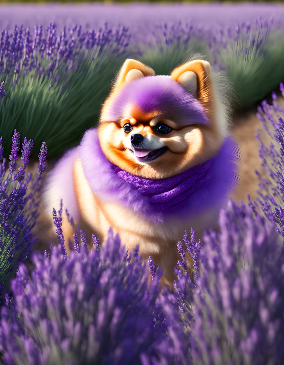 Fluffy Pomeranian in Sunglasses and Purple Scarf Surrounded by Blooming Lavender