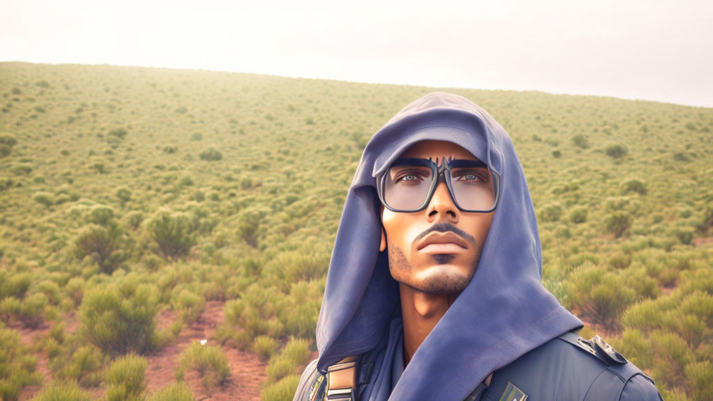 Person in blue cloak and glasses in desert setting with green hill.