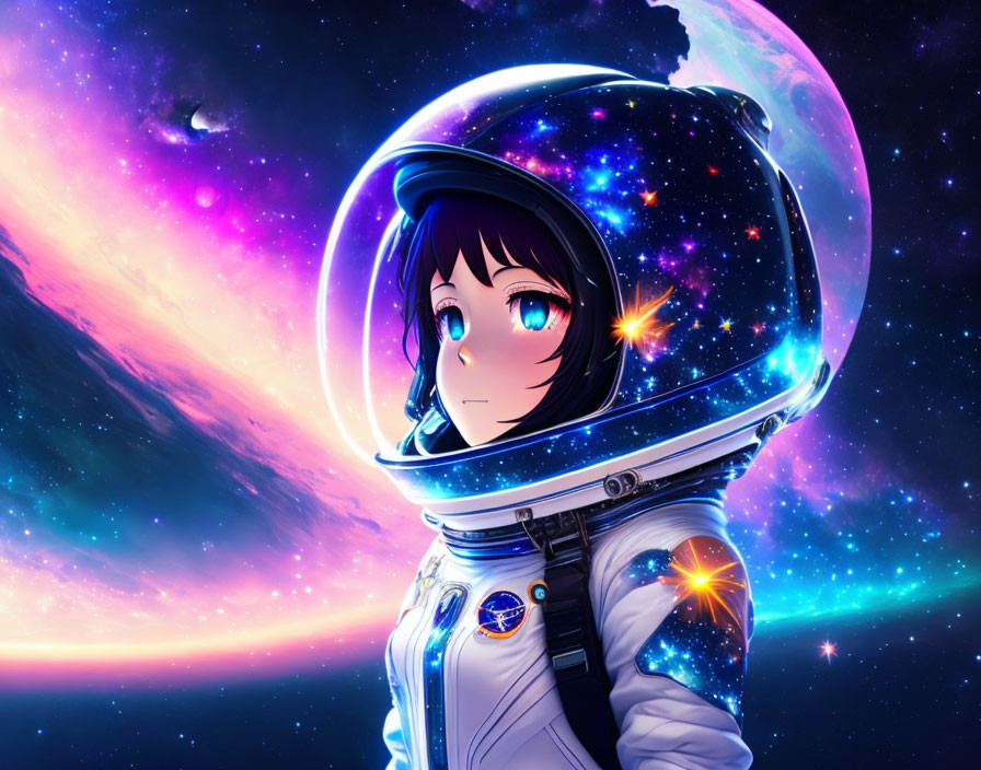 Anime-style character in astronaut suit with large green eyes, cosmic background