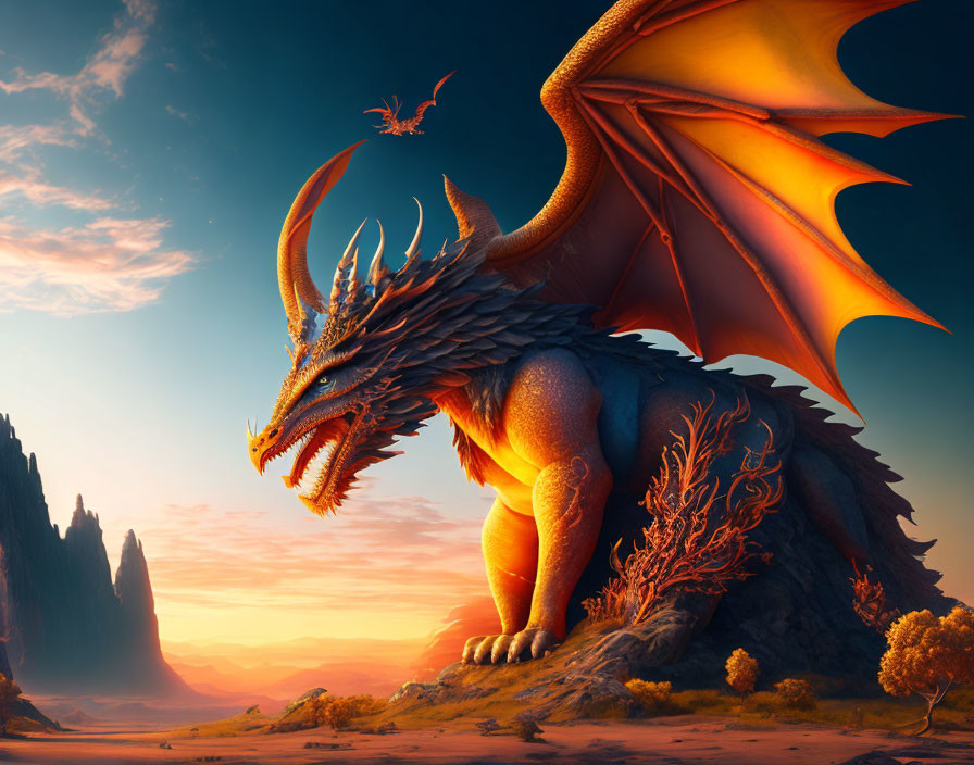 Orange Dragon with Expansive Wings in Sunset Landscape