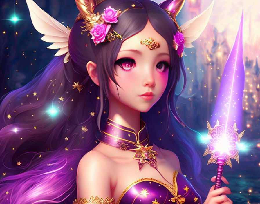 Fantasy illustration of girl with violet hair and elf ears holding glowing purple staff