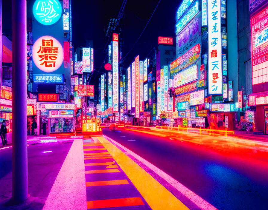 Colorful Neon-Lit Street in Asian City at Night